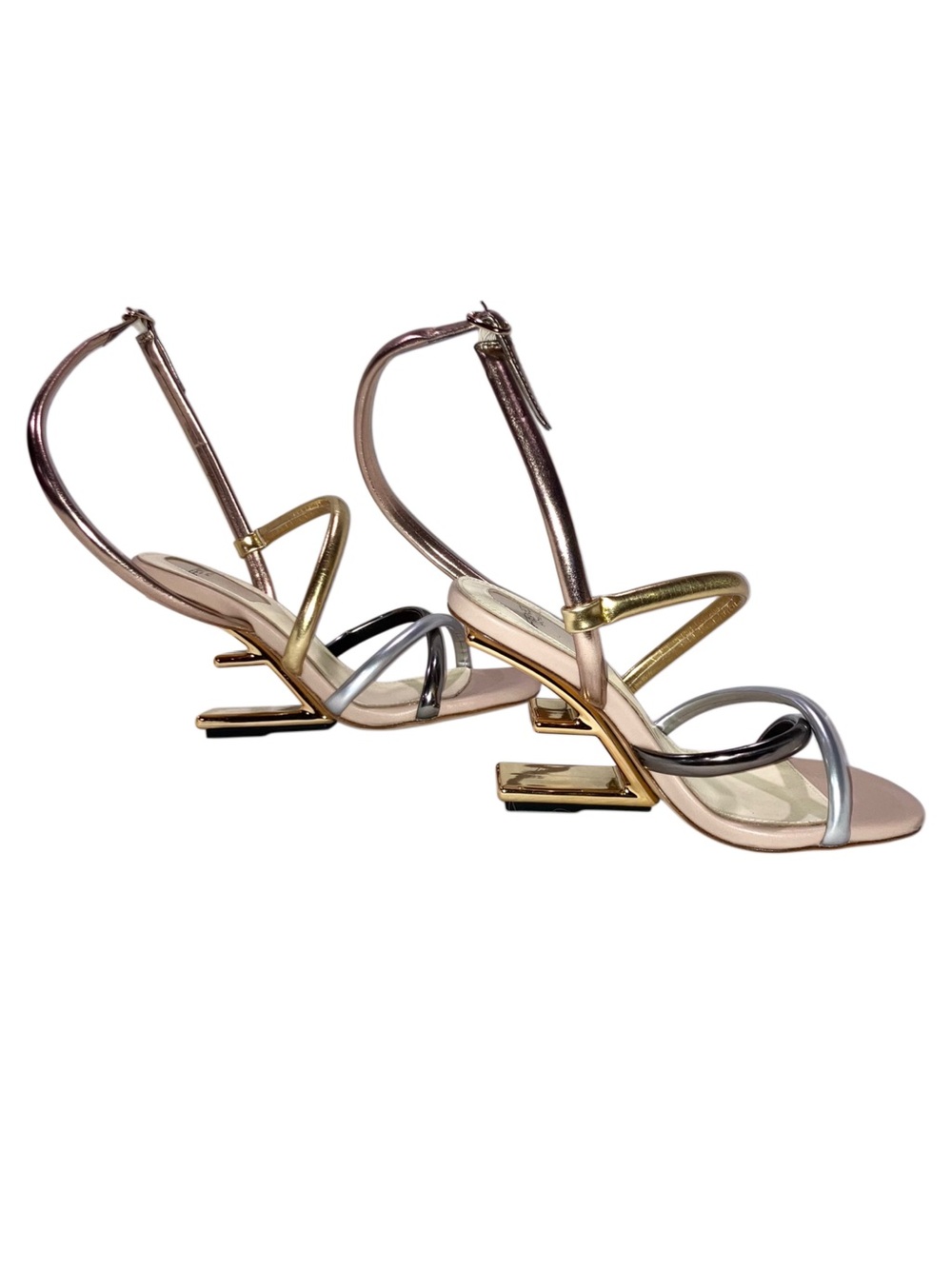 Fendi First Metallic Nappa Strappy Sandals Rose Gold Silver Couture Size 37 US 7 - Picture 14 of 16